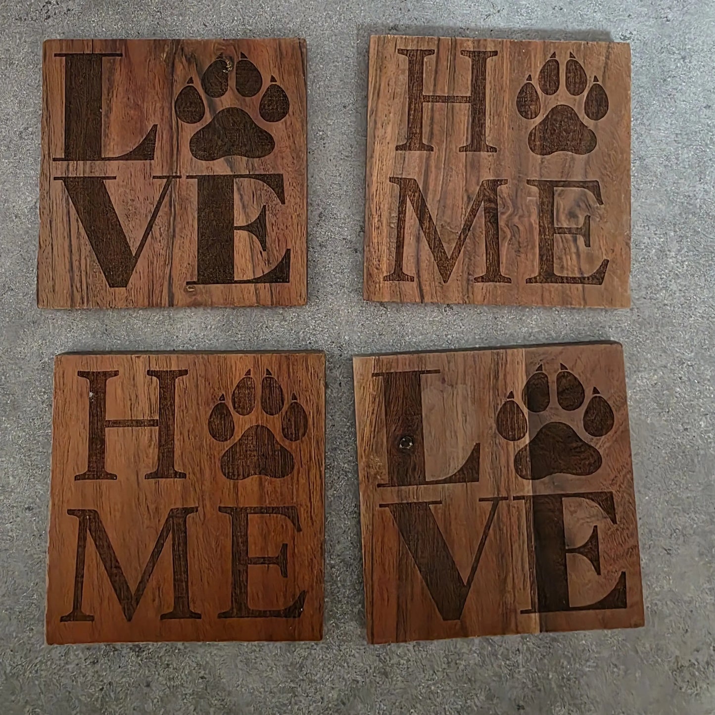Dog Paw “LOVE / HOME” Laser Engraved Coaster Set — 4 Pack