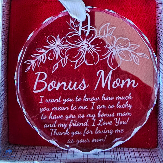 “Bonus Mom” Engraved Crystal Ornament