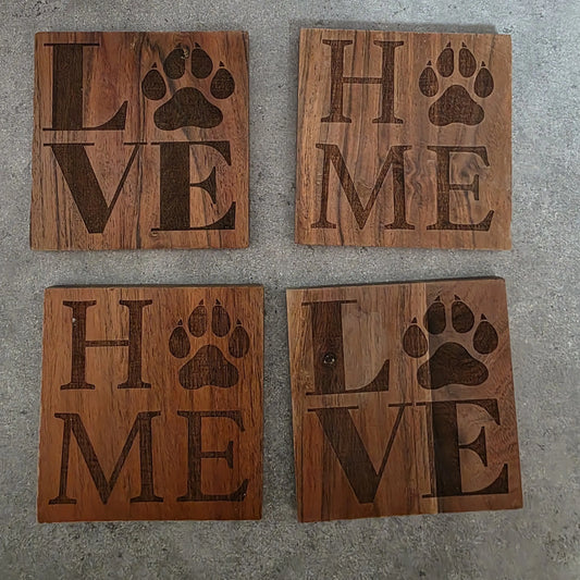 Dog Paw “LOVE / HOME” Laser Engraved Coaster Set — 4 Pack
